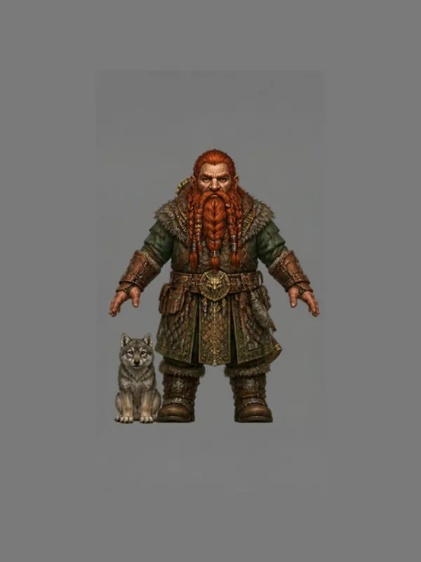The Dwarf, concept sheet: red braided beard, green and bronze armour, a grey wolf at his side