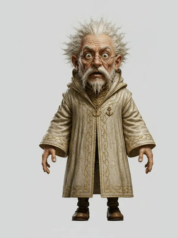 The Gnome, concept sheet: wild white hair, wide eyes, a long cream coat