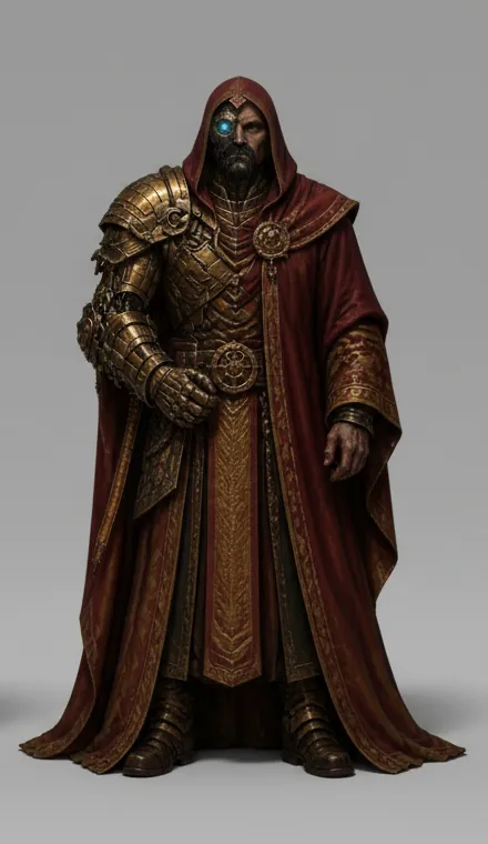 The Maker, concept sheet from the front: a hooded figure in a deep red robe over worked bronze armour