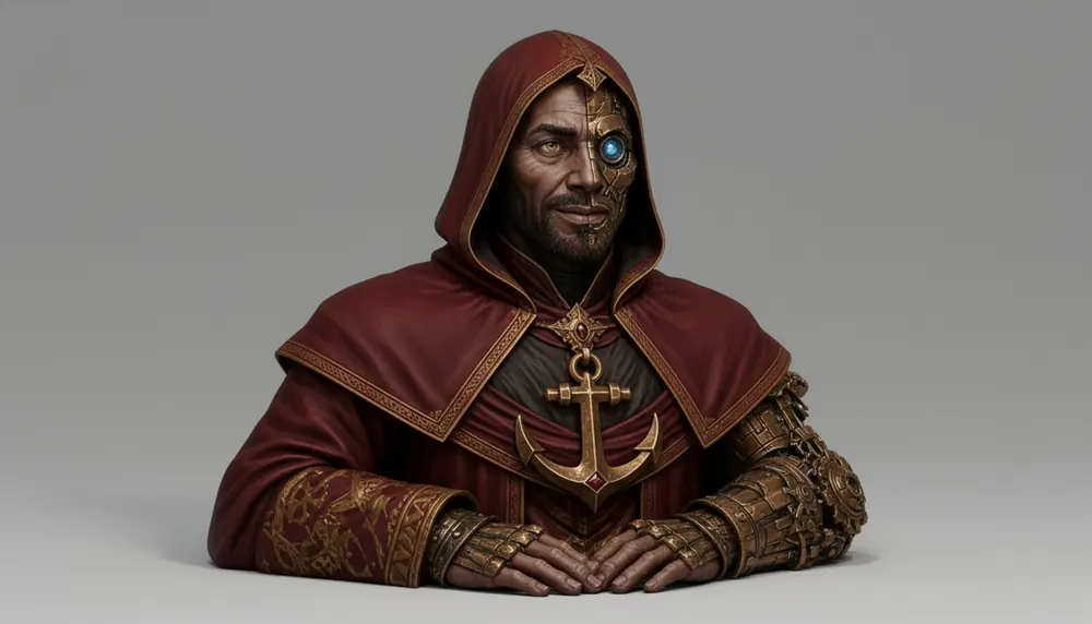 The Maker's face study: dark skin, a grey-flecked beard, one eye lit blue under the hood