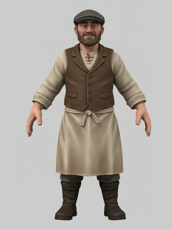 The Townsman, concept sheet: flat cap, brown waistcoat, long apron