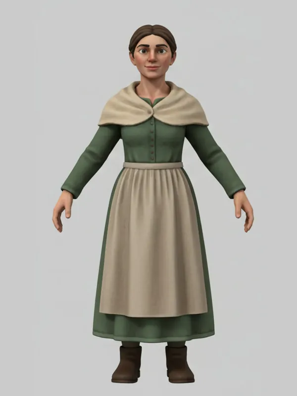 The Townswoman, concept sheet: green dress, cream shawl and apron