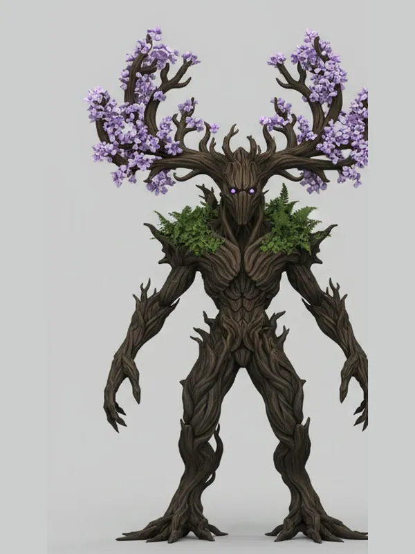 The Treant, concept sheet: a walking tree with violet blossom for a crown